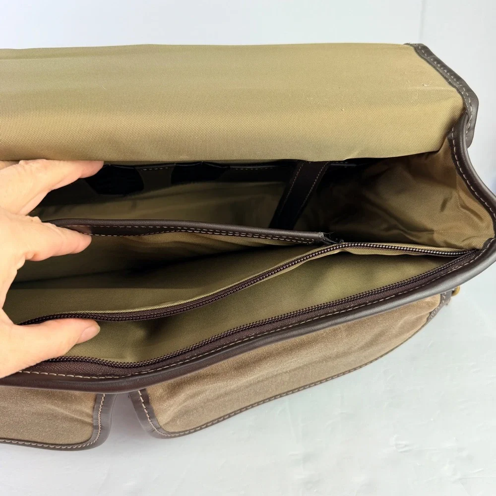 VTG Allen Edmonds Waxed Canvas Leather Trim Messenger Bag Briefcase Brown Brass